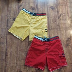 Y2K Tommy Hilfiger Preppy Yellow and Red Swim Shorts Lot Size XL